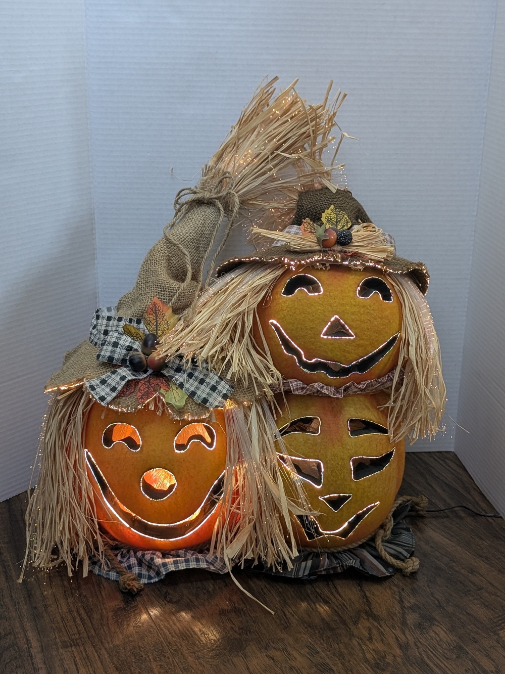 Gemmy Orange Lighted Stacked Jack-O'-Lantern Trio with Hay Hats